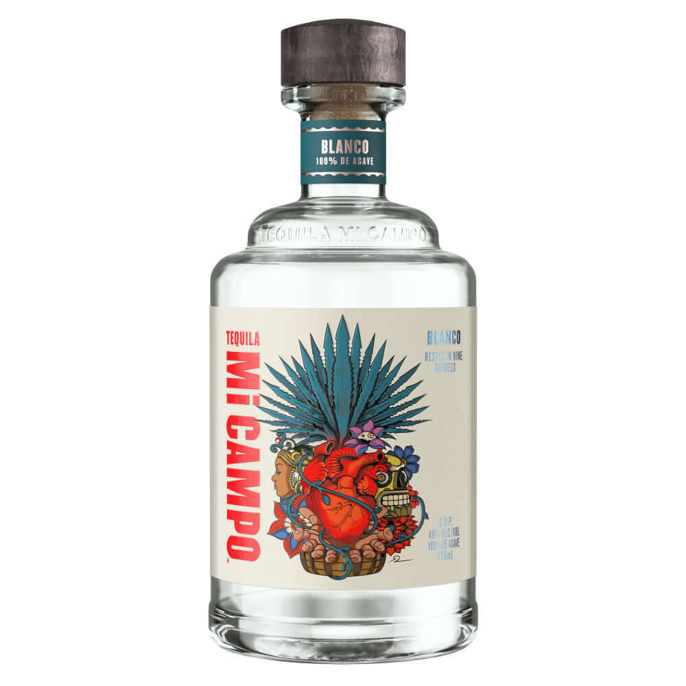 Bottle of Mi Campo Tequila Blanco 750ml, crafted in Jalisco, displaying vibrant label art and highlighting unaged Mexican craftsmanship.