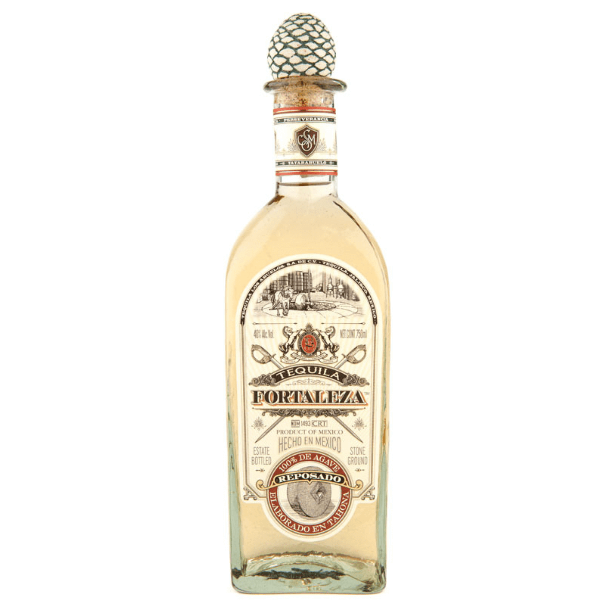 Bottle of Fortaleza Tequila Reposado 750ml from Destilería La Fortaleza with aged traditional design.