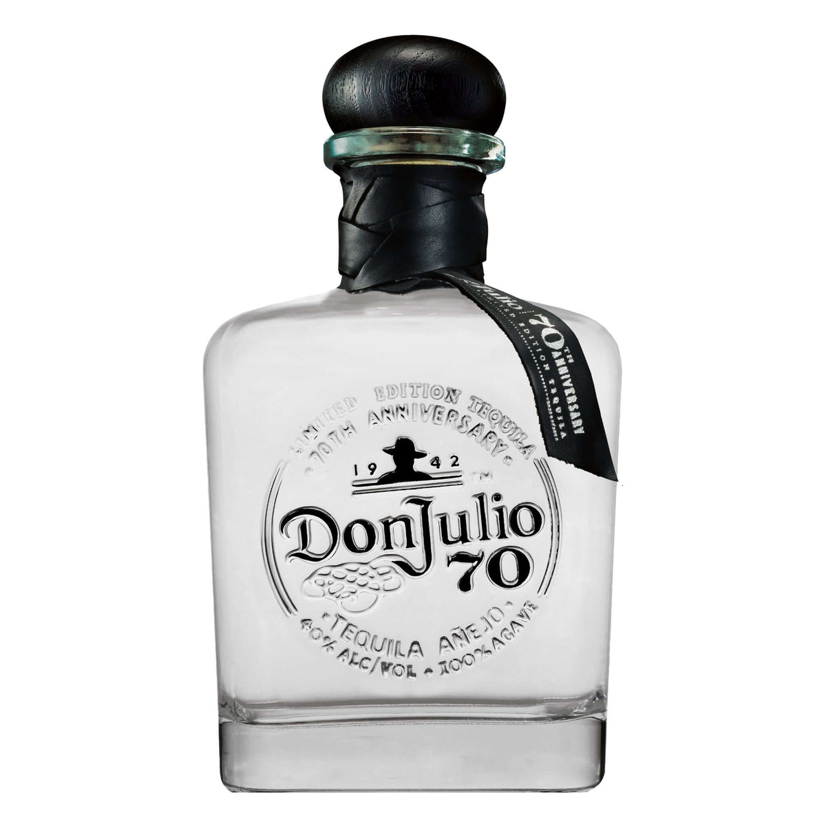 Don Julio 70 Añejo Claro Tequila 750ml bottle with black cap, first clear añejo tequila, 70th anniversary edition.