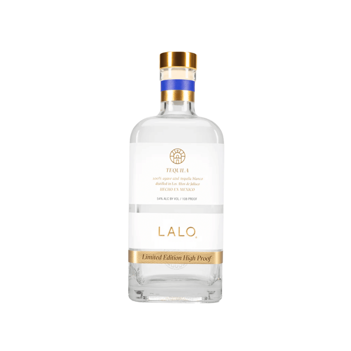 Bottle of LALO High Proof Blanco Tequila 750ml, unaged, made with 100% Blue Weber agave, 54% ABV, from Jalisco, Mexico.
