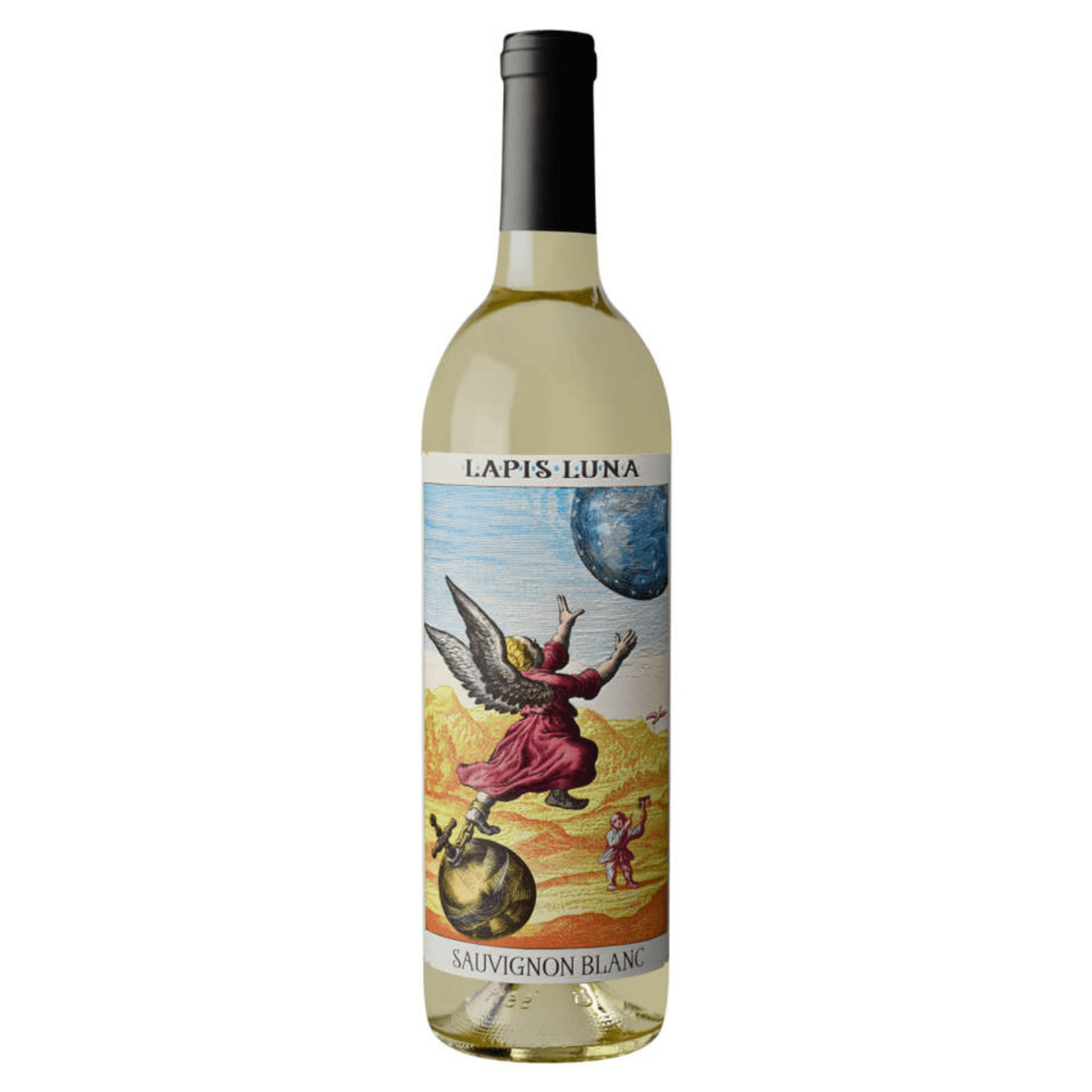 Lapis Luna Sauvignon Blanc 2022 wine bottle, North Coast California, white wine with vibrant label art.