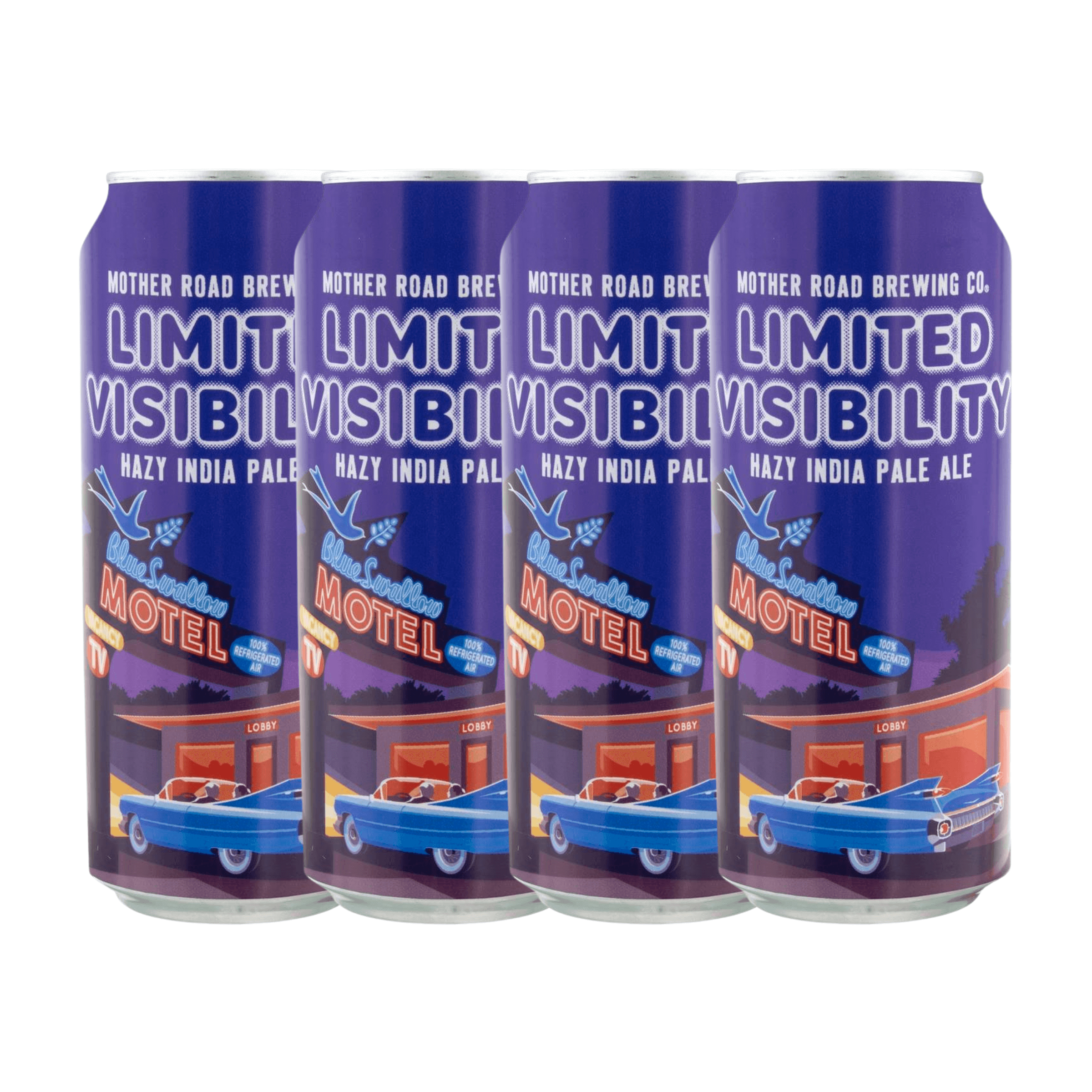 Four-pack of Mother Road Limited Visibility Hazy IPA 16oz cans with colorful artwork.