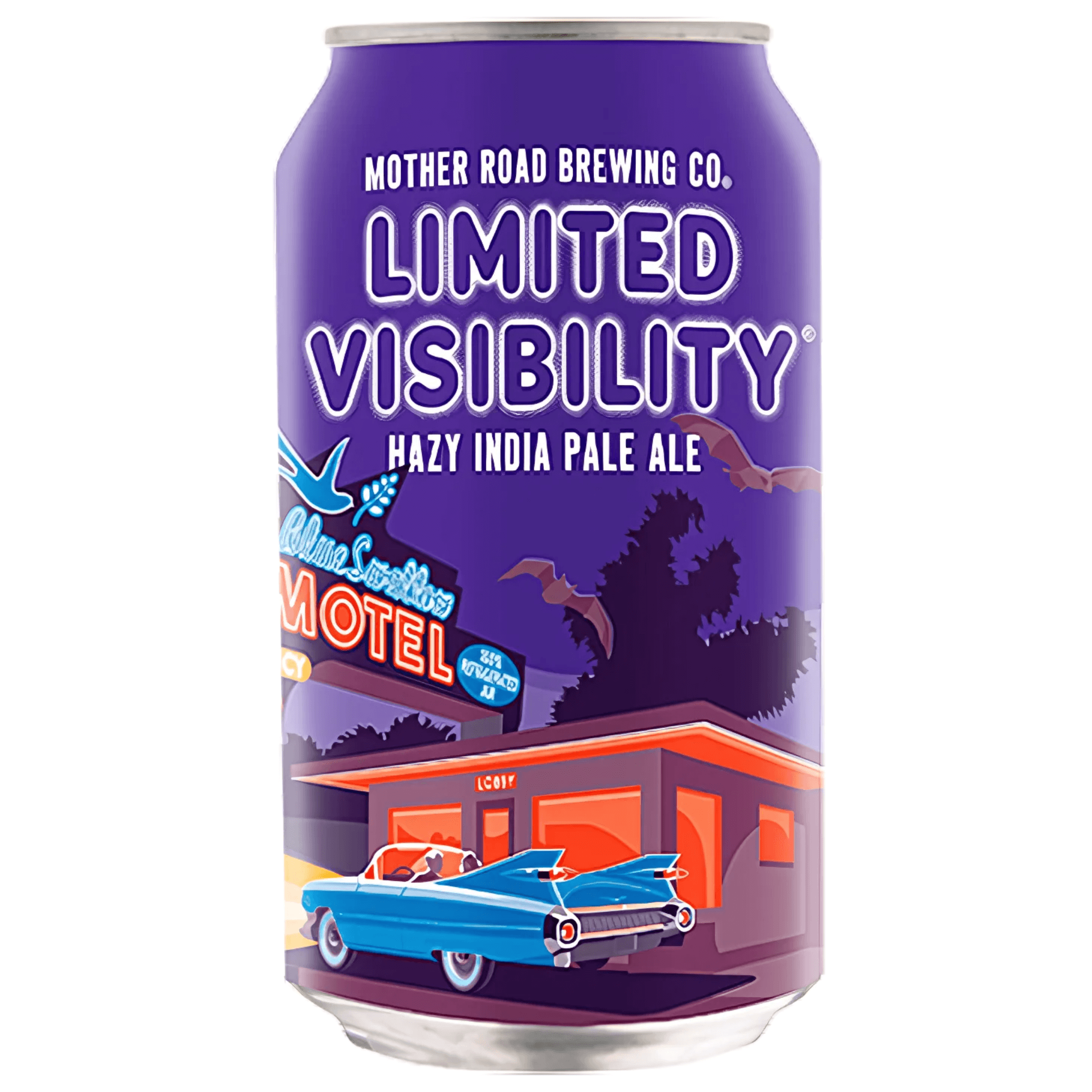 Mother Road Brewing Co. Limited Visibility Hazy IPA 16oz can with retro motel design and citrus-forward flavor profile.