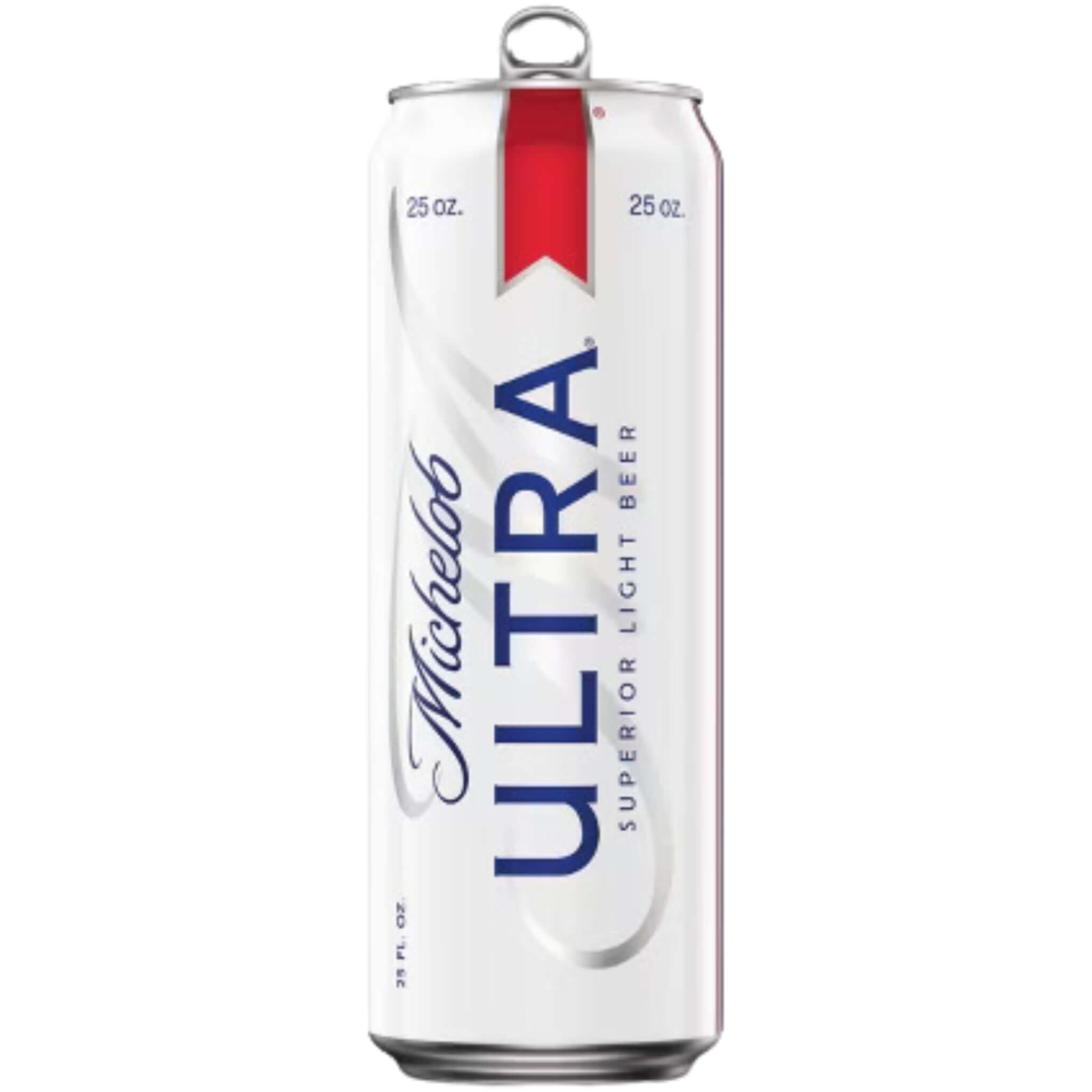Michelob Ultra 25oz can, light lager by Anheuser-Busch, known for crisp flavor and subtle aroma, 4.2% ABV, St. Louis brewery.