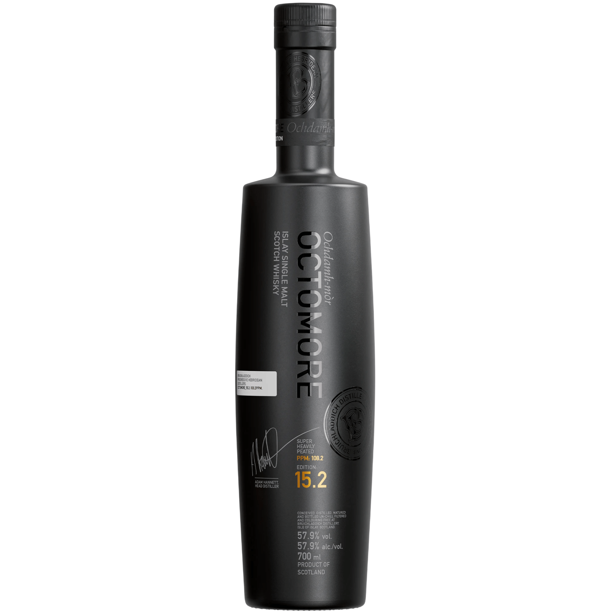Bruichladdich Octomore 15.2 Single Malt Scotch Whisky, 700mL bottle, Islay, intensely peated, age 5 years, premium packaging.