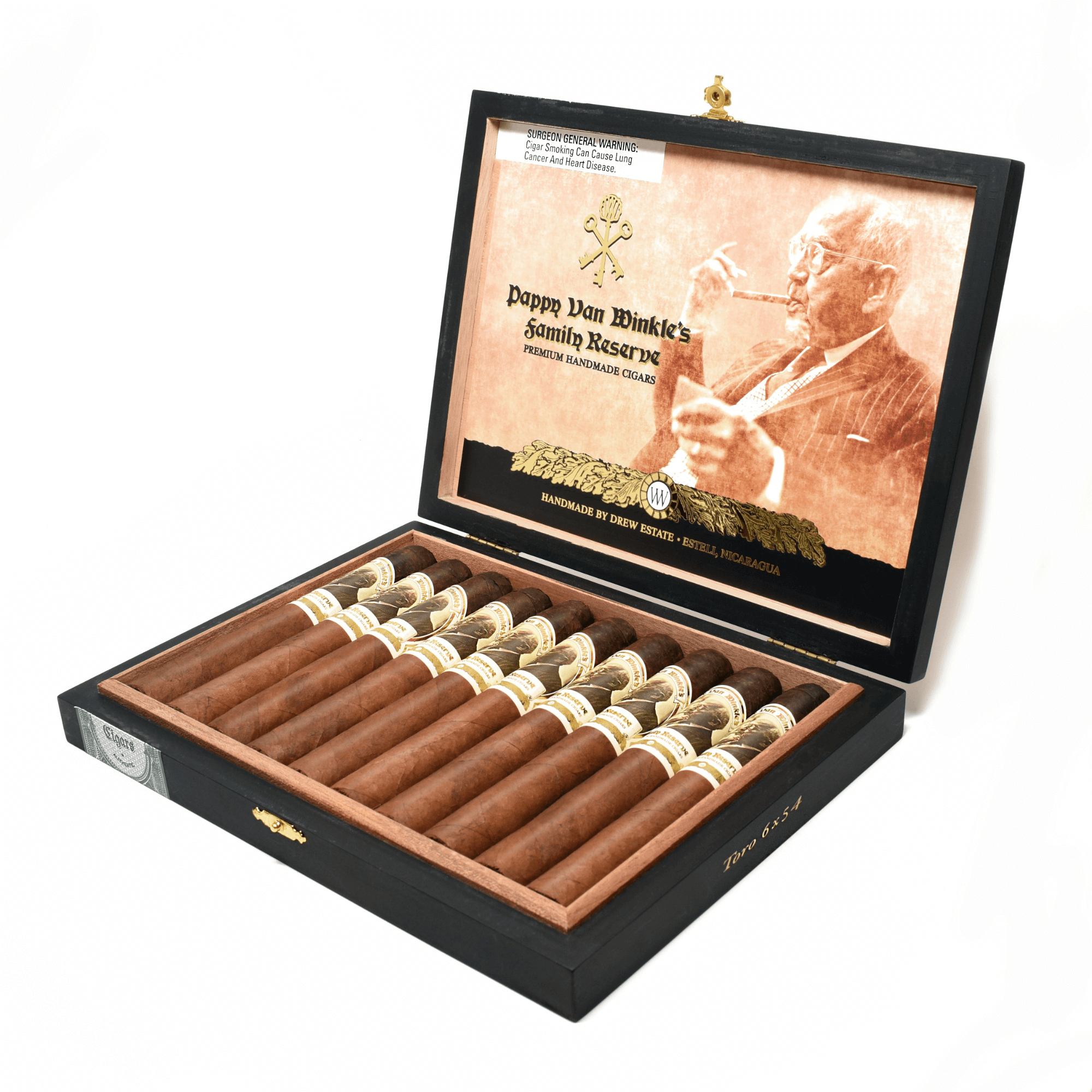 Drew Estate Pappy Van Winkle Toro cigars in open box, showing 10-count packaging, rich Ecuadorian Habano Oscuro wrapper.