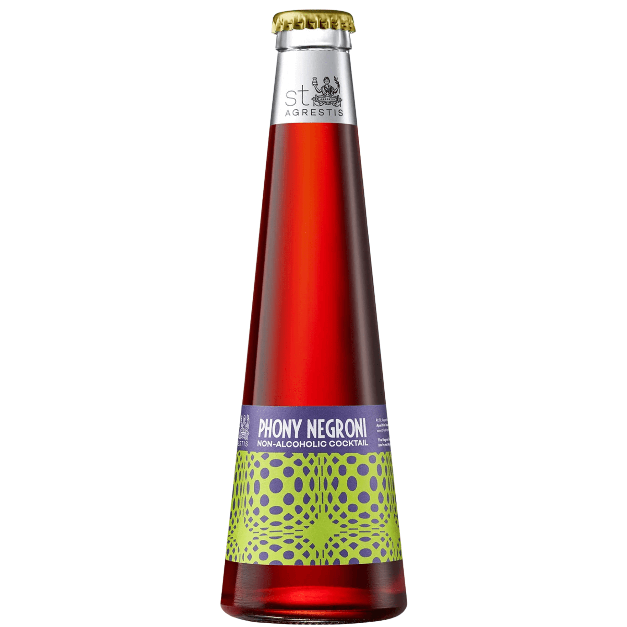 St. Agrestis Phony Negroni 200ml non-alcoholic cocktail bottle with vibrant label, crafted in Brooklyn from organic botanicals