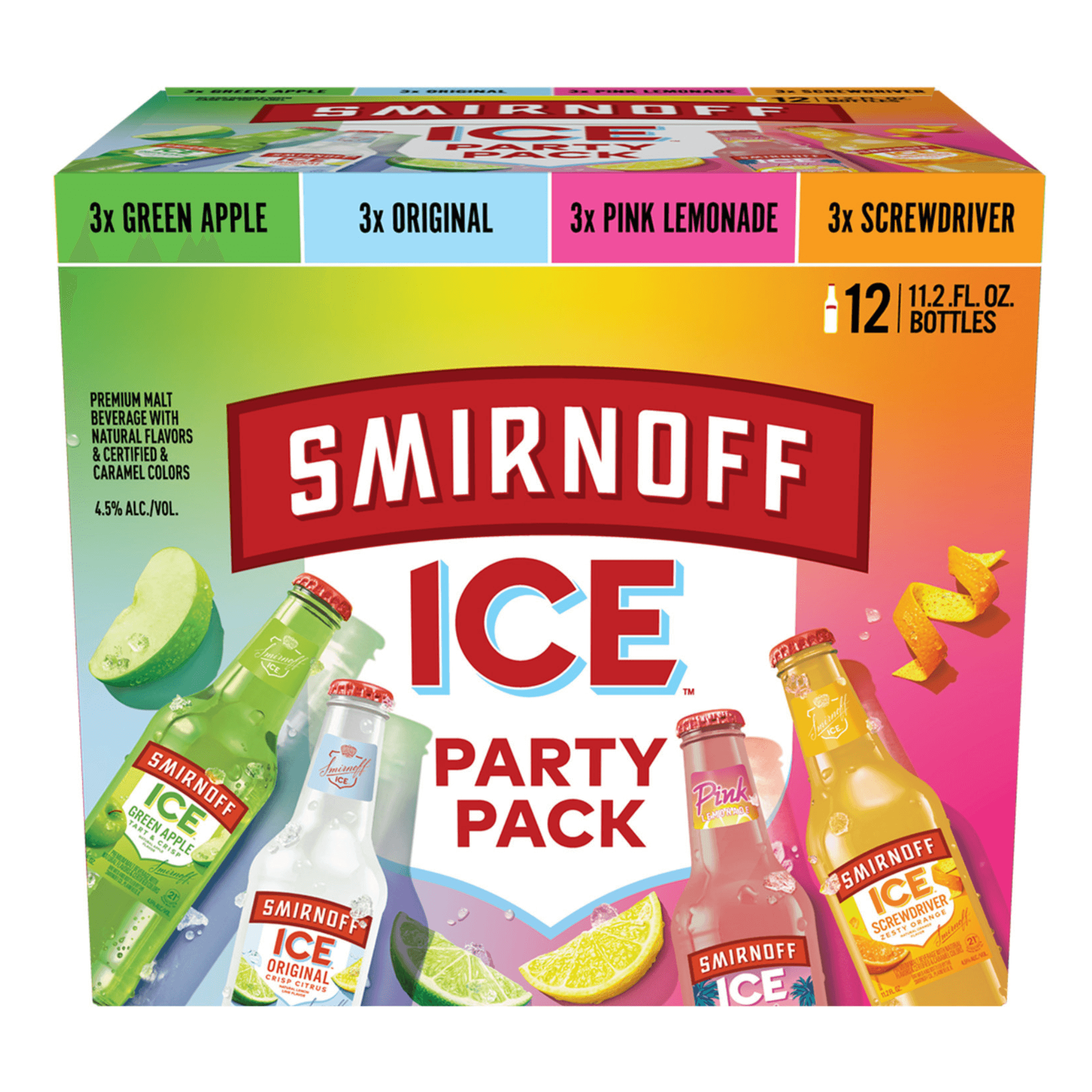 Smirnoff Ice Party Pack 12 pack with 11.2oz bottles in four flavors: Green Apple, Original, Pink Lemonade, Screwdriver.