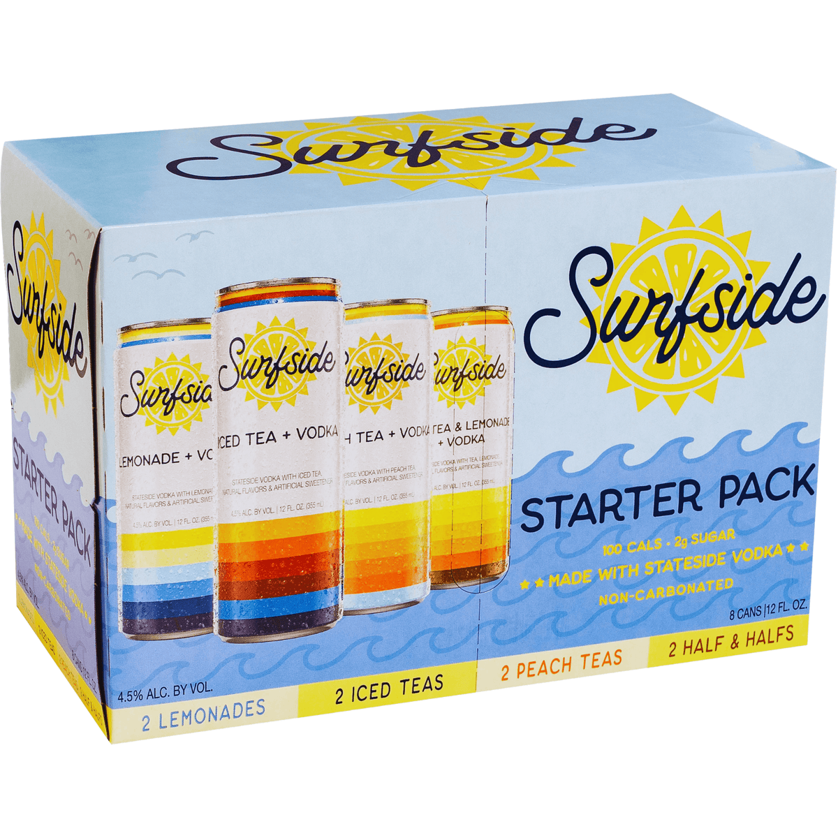 Surfside Starter Pack 8-Pack, 12oz cans of vodka-based cocktails with tea and lemonade flavors, refreshing and low calorie