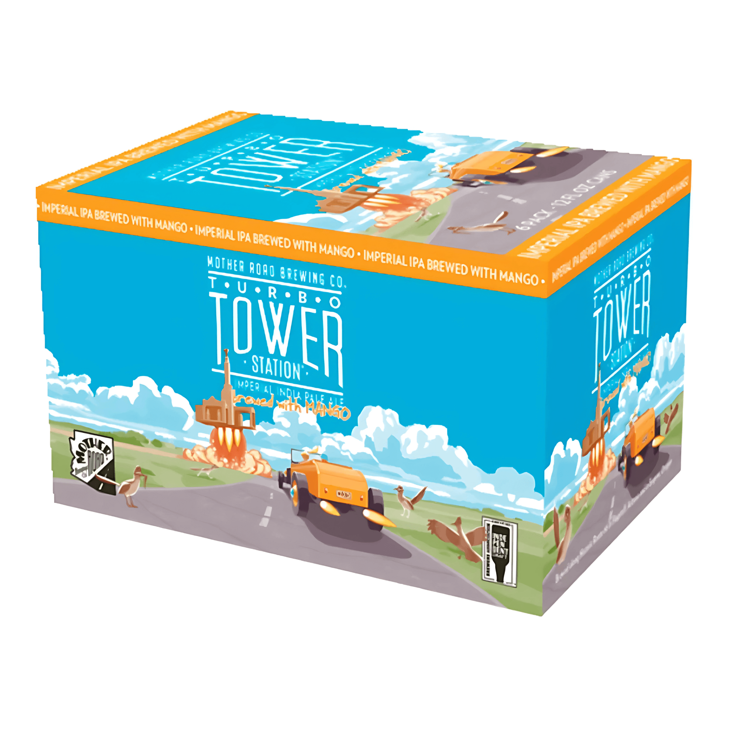 Mother Road Turbo Tower Station 6 Pack of 12oz cans, Double IPA from Flagstaff, Arizona, with citrus and pine flavors.