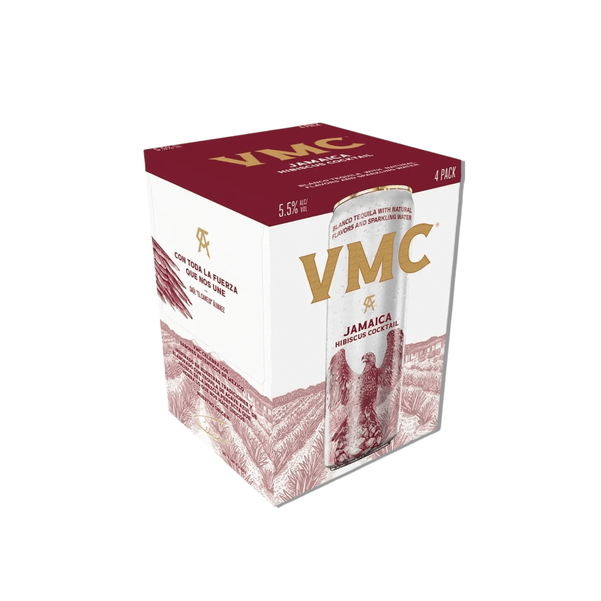 VMC Jamaica Hibiscus Tequila Cocktail 4 Pack, 12oz Cans, vibrant floral drink with 5.5% ABV, refreshing tart and citrus flavor.