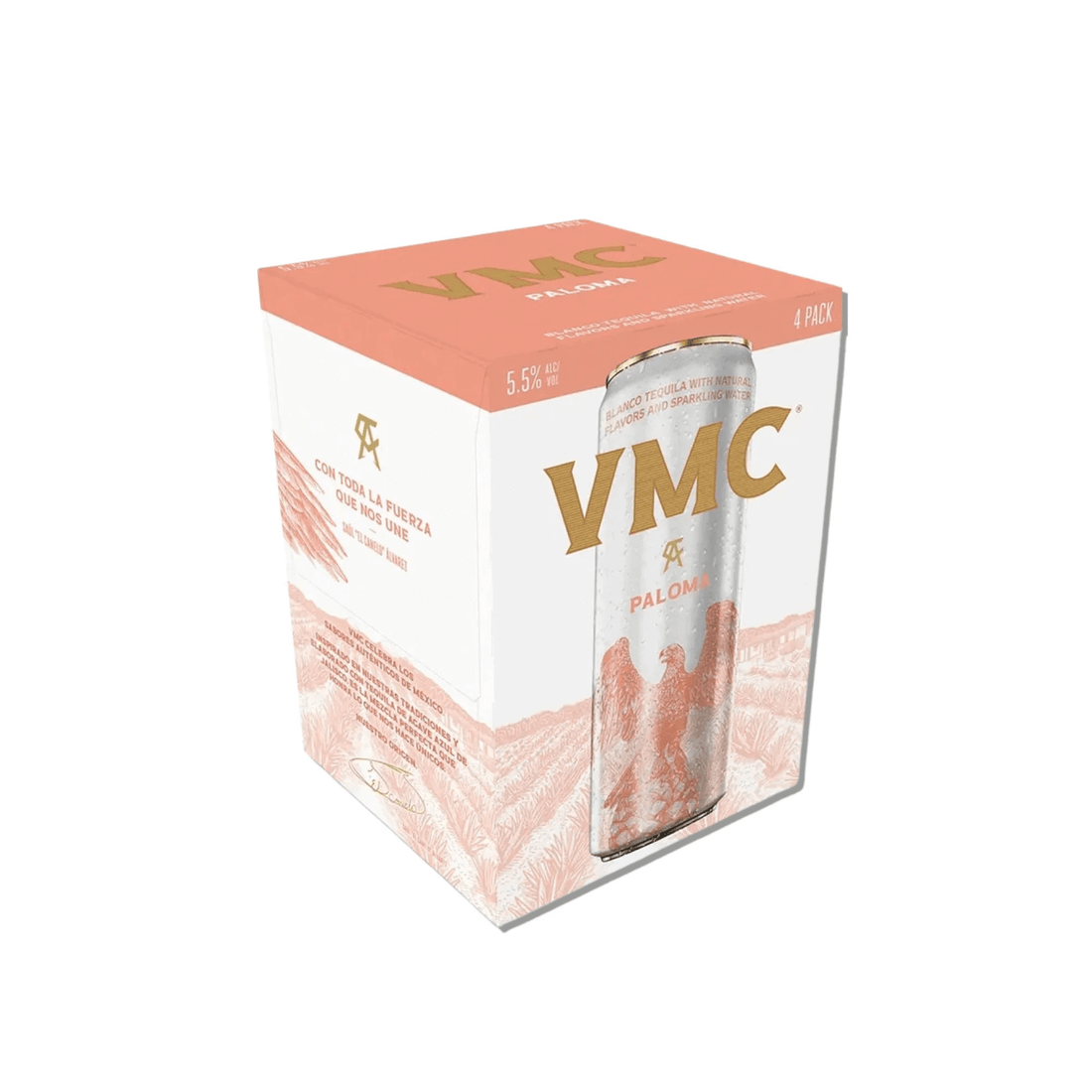 VMC Paloma 4 pack of 12oz cans, ready-to-drink cocktail from Mexico with juicy grapefruit and agave flavor, 5.5% ABV.
