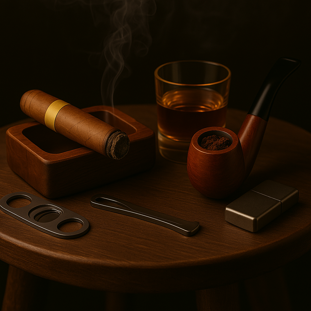 A lit cigar, wooden pipe, and glass of whiskey on a rustic table with smoke curling in the background—capturing the laid-back, refined vibe of our Cigar & Pipe Events available through the ecommerce site.