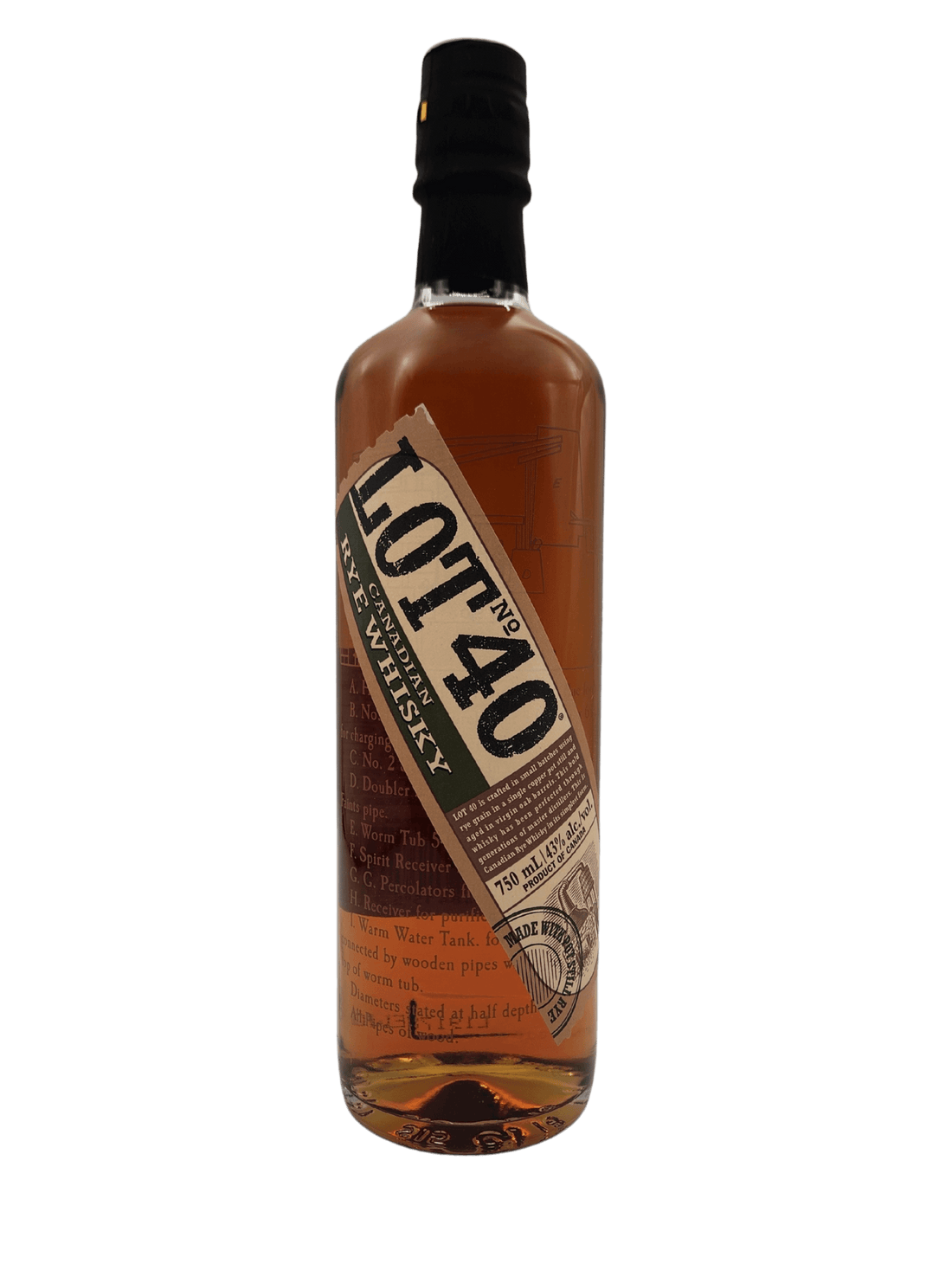 Lot 40 Rye Canadian Whiskey 750mL bottle, 43% ABV, crafted from 100% rye grain, displayed against a plain background.