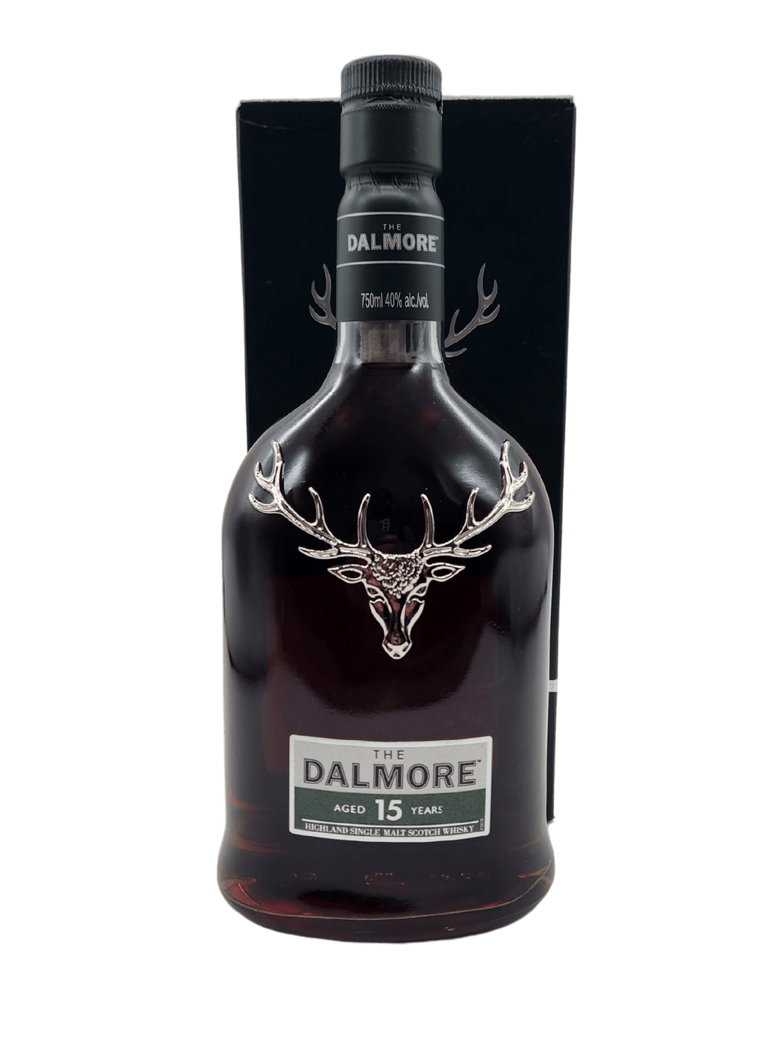 Dalmore 15YR Single Malt Scotch Whisky 750mL bottle, Highland origin, featuring iconic stag emblem.