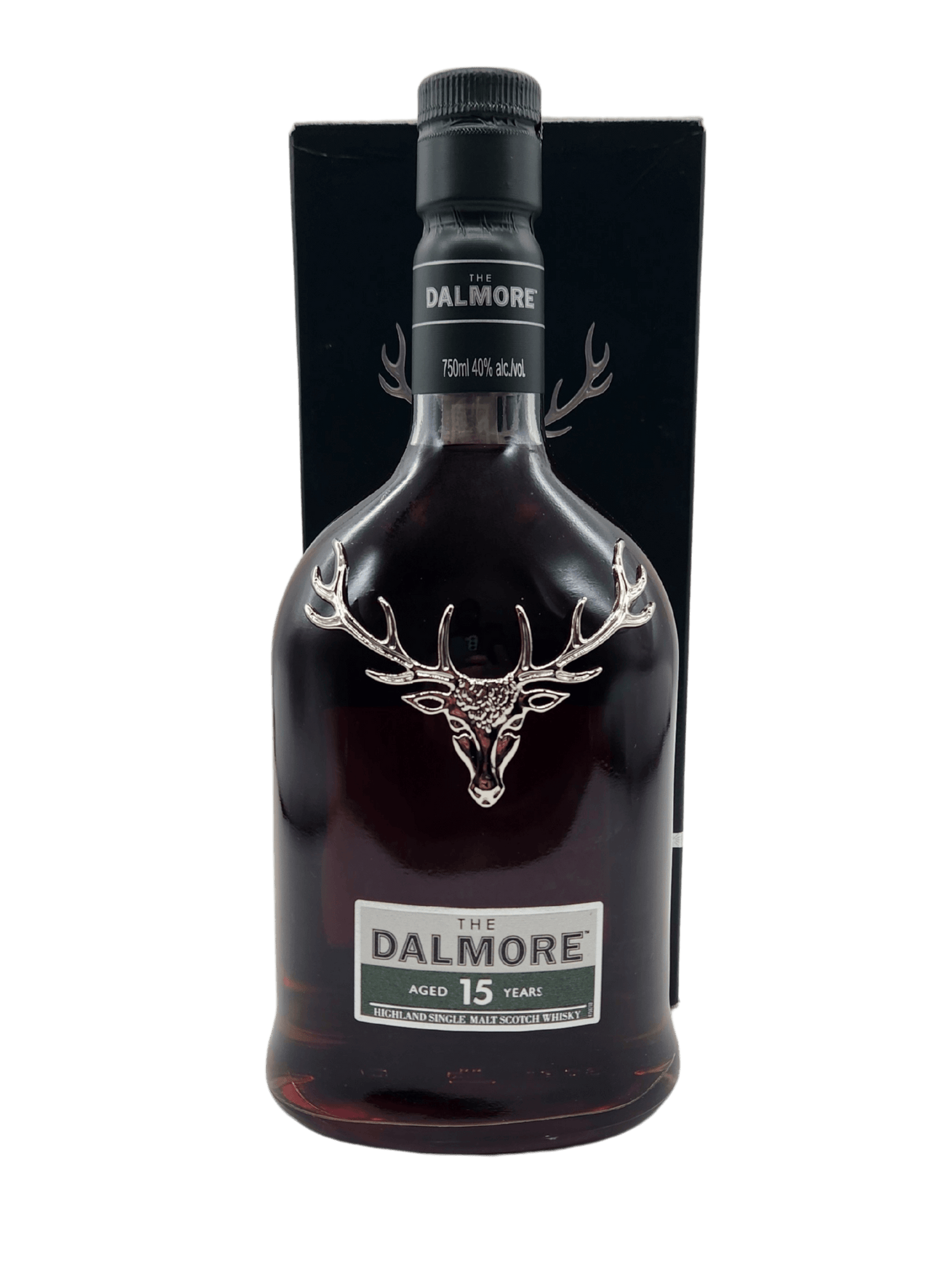 Dalmore 15YR Single Malt Scotch Whisky 750mL bottle, Highland origin, featuring iconic stag emblem.