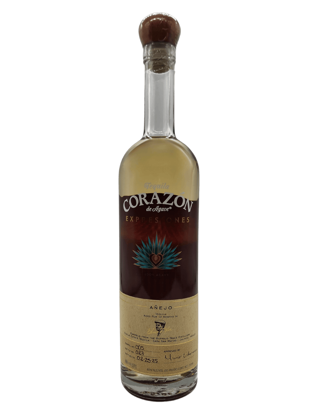 Corazon Expresiones Añejo Tequila 750mL bottle aged in Elmer T. Lee barrels, showcasing rich flavors of caramel and oak.