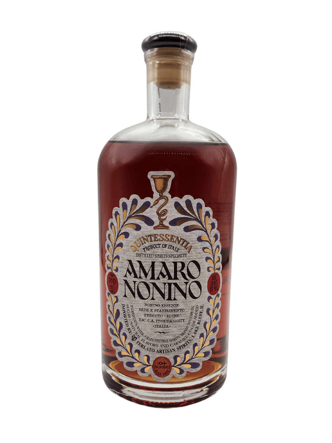 Amaro Nonino Quintessentia 750mL Italian herbal liqueur bottle with ornate label, celebrated for its balanced bitter-sweet flavor.