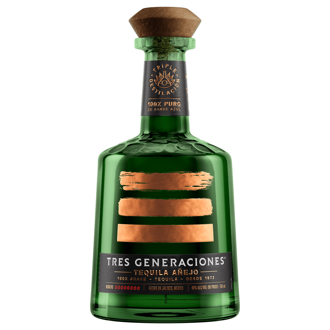 Tres Generaciones Tequila Añejo 750ml bottle, aged in American oak, crafted at La Perseverancia Distillery, Tequila, Jalisco.