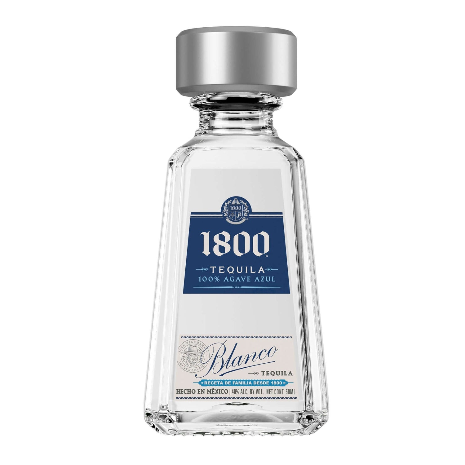 1800 Blanco Tequila 50ml bottle, premium 100% Blue Weber agave, double-distilled, smooth and versatile