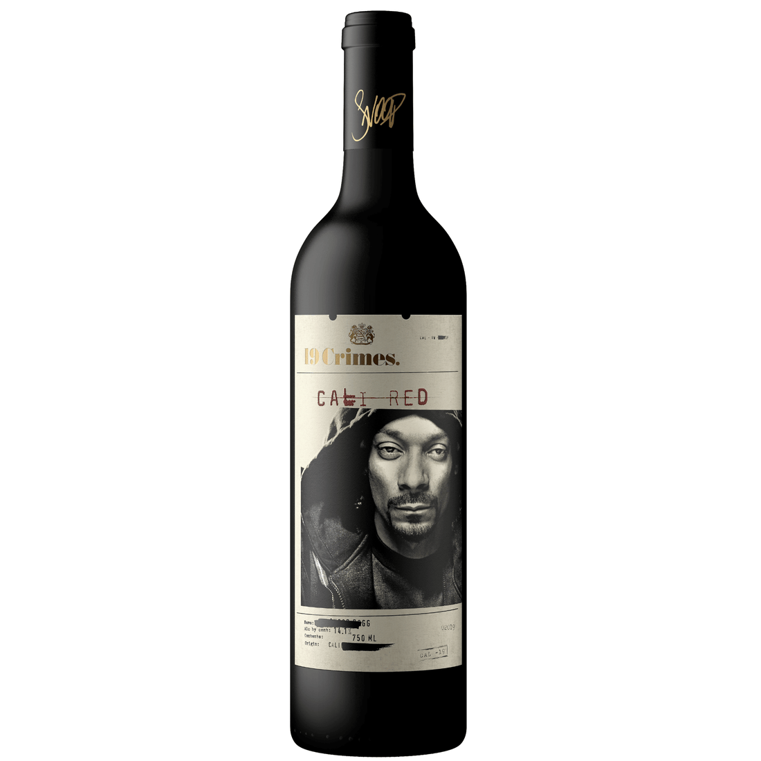 19 Crimes Cali Red wine bottle featuring Snoop Dogg, a bold California red blend with flavors of blackberries and vanilla.