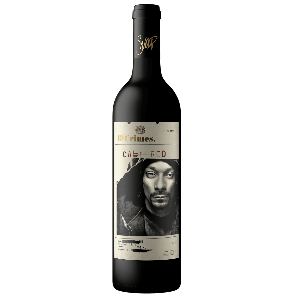 19 Crimes Cali Red wine bottle featuring Snoop Dogg, a bold California red blend with flavors of blackberries and vanilla.