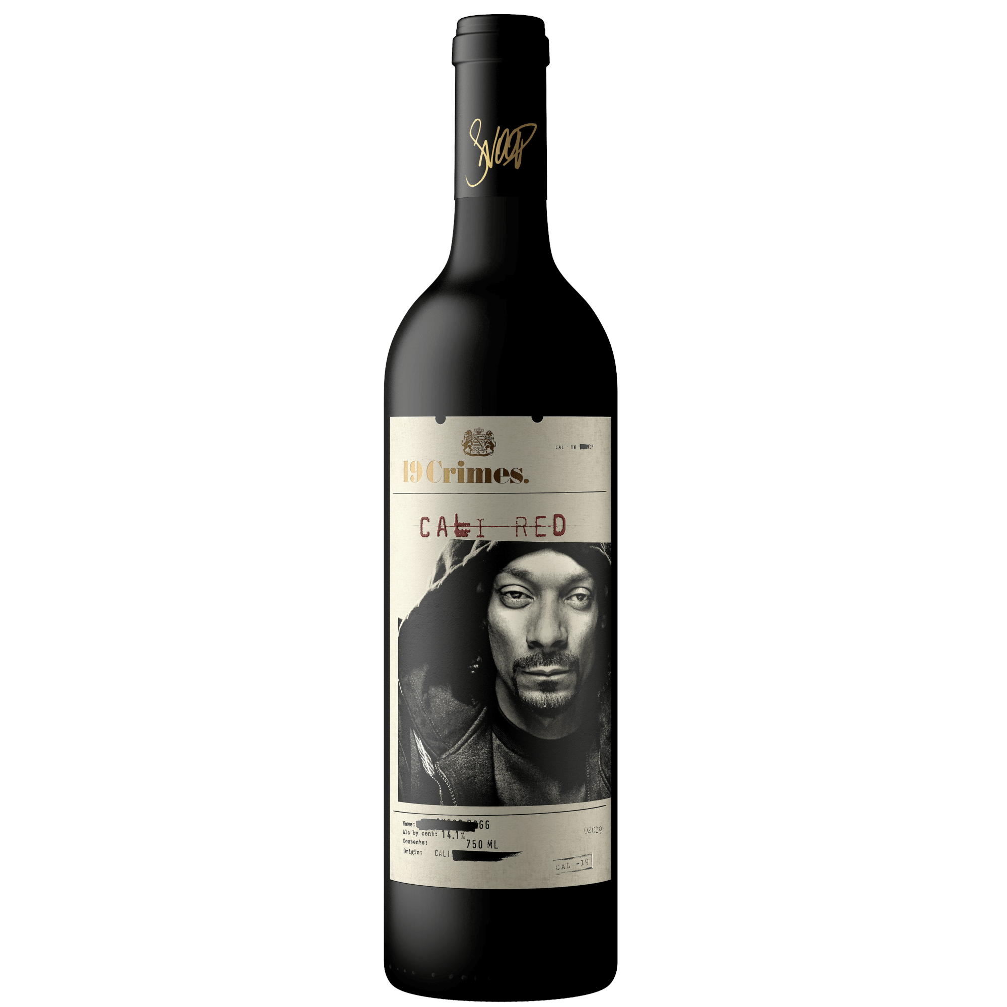 19 Crimes Cali Red wine bottle featuring Snoop Dogg, a bold California red blend with flavors of blackberries and vanilla.