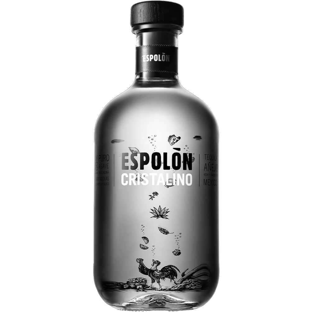 Espolòn Cristalino Tequila bottle 750ml, blend of 100% Blue Weber agave Añejo and Extra Añejo, crafted in Arandas, Jalisco, Mexico.
