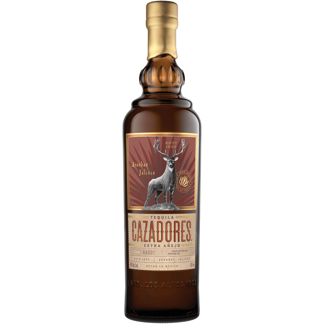 Cazadores Extra Añejo 750ml tequila bottle, aged 3 years, from Tequila Cazadores, Arandas, Jalisco, in new American oak barrels.