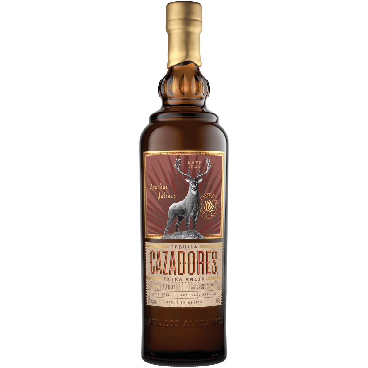 Cazadores Extra Añejo 750ml tequila bottle, aged 3 years, from Tequila Cazadores, Arandas, Jalisco, in new American oak barrels.