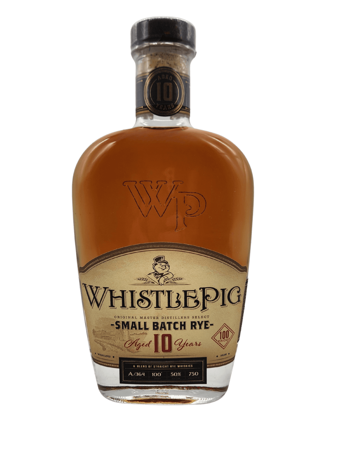 WhistlePig 10 Year Straight Rye Whiskey 750mL bottle with 100 proof label, Shoreham Vermont origin, bold spice and sweet caramel flavor