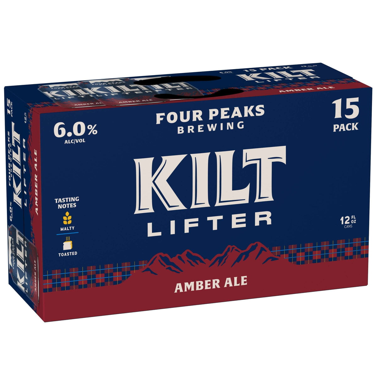 Four Peaks Kilt Lifter 15-pack Scottish-Style Amber Ale 12oz cans with malt and toasted flavor notes on packaging.