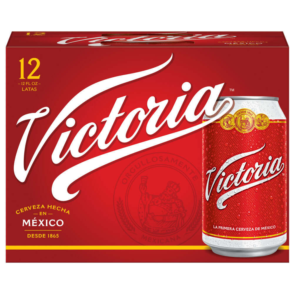 Victoria Beer 12 Pack, 12oz Cans Vienna Lager from Mexico by Grupo Modelo with red packaging and smooth flavor profile.