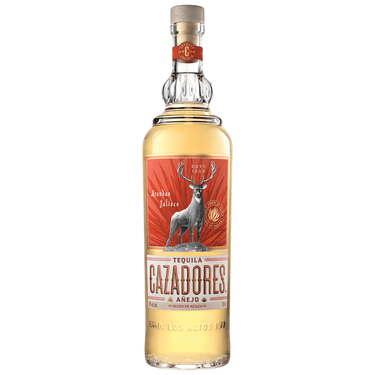 Cazadores Tequila Añejo 750ml bottle, aged in American oak barrels, 100% Blue Weber agave, premium Jalisco tequila.