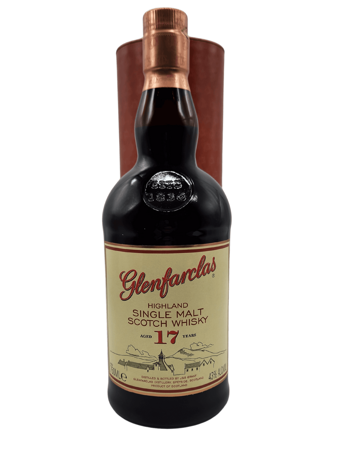 Glenfarclas 17YR Highland Single Malt Scotch Whisky 750mL bottle, Speyside origins, rich flavor profile with butterscotch notes.