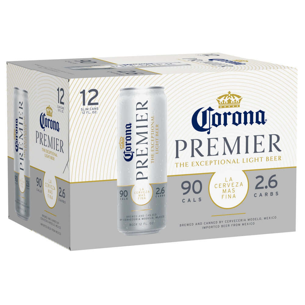 12-pack of Corona Premier 12oz cans, American Light Lager from Grupo Modelo, Mexico, low-carb and refreshing with citrus notes.
