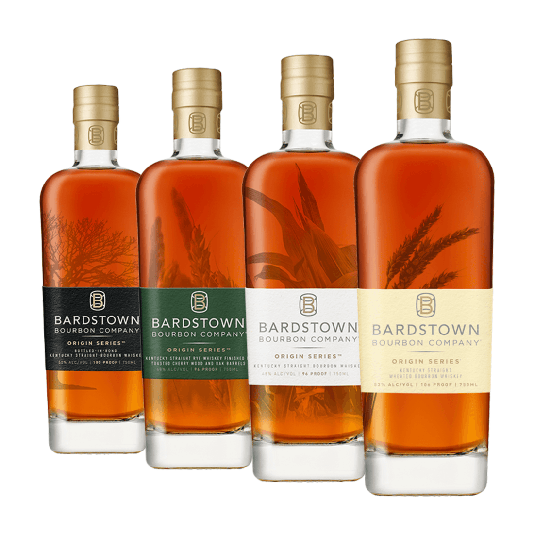 Bardstown Origin Sampler 50ml 4 Pack of premium bourbon whiskey bottles with unique labels.