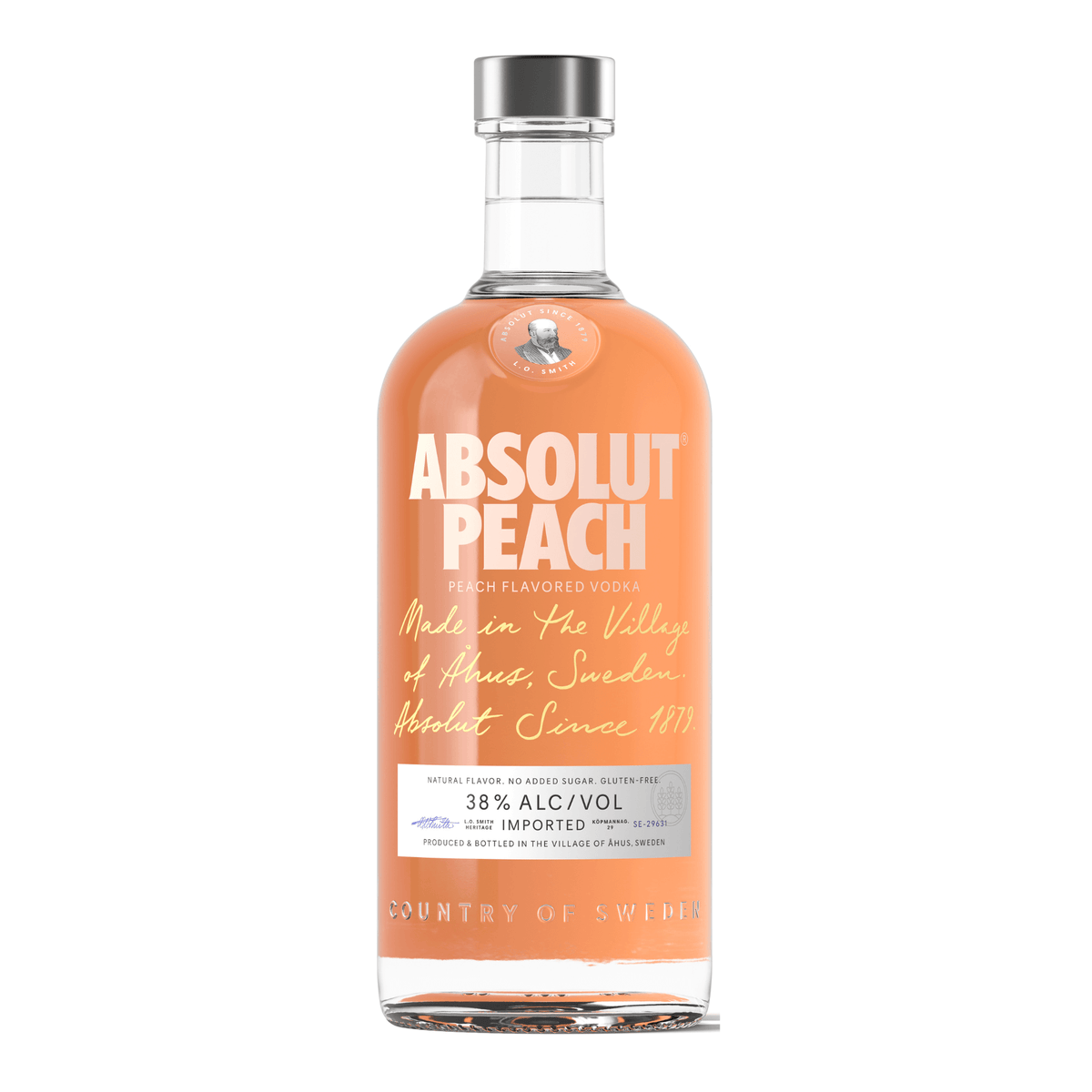 Bottle of Absolut Peach Vodka 750ml from Sweden, featuring natural peach flavor, perfect for cocktails like Bellinis and Peach Mules.