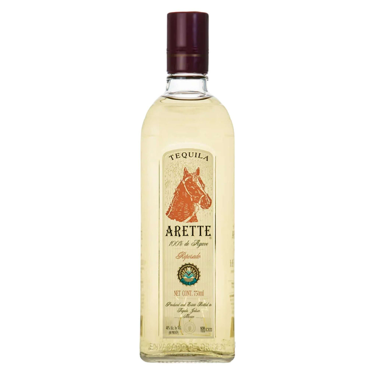 Arette Reposado Tequila 700ml bottle with horse logo, aged in oak, made from blue Weber agave in Jalisco, Mexico.