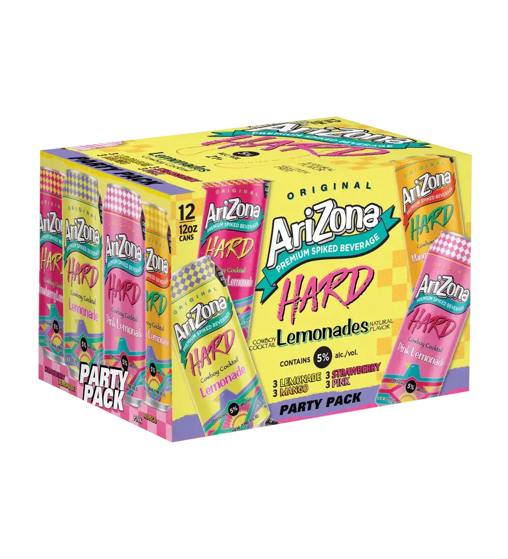 Arizona Hard Lemonade Party Pack with 12oz cans, showcasing vibrant packaging and four refreshing lemonade flavors.