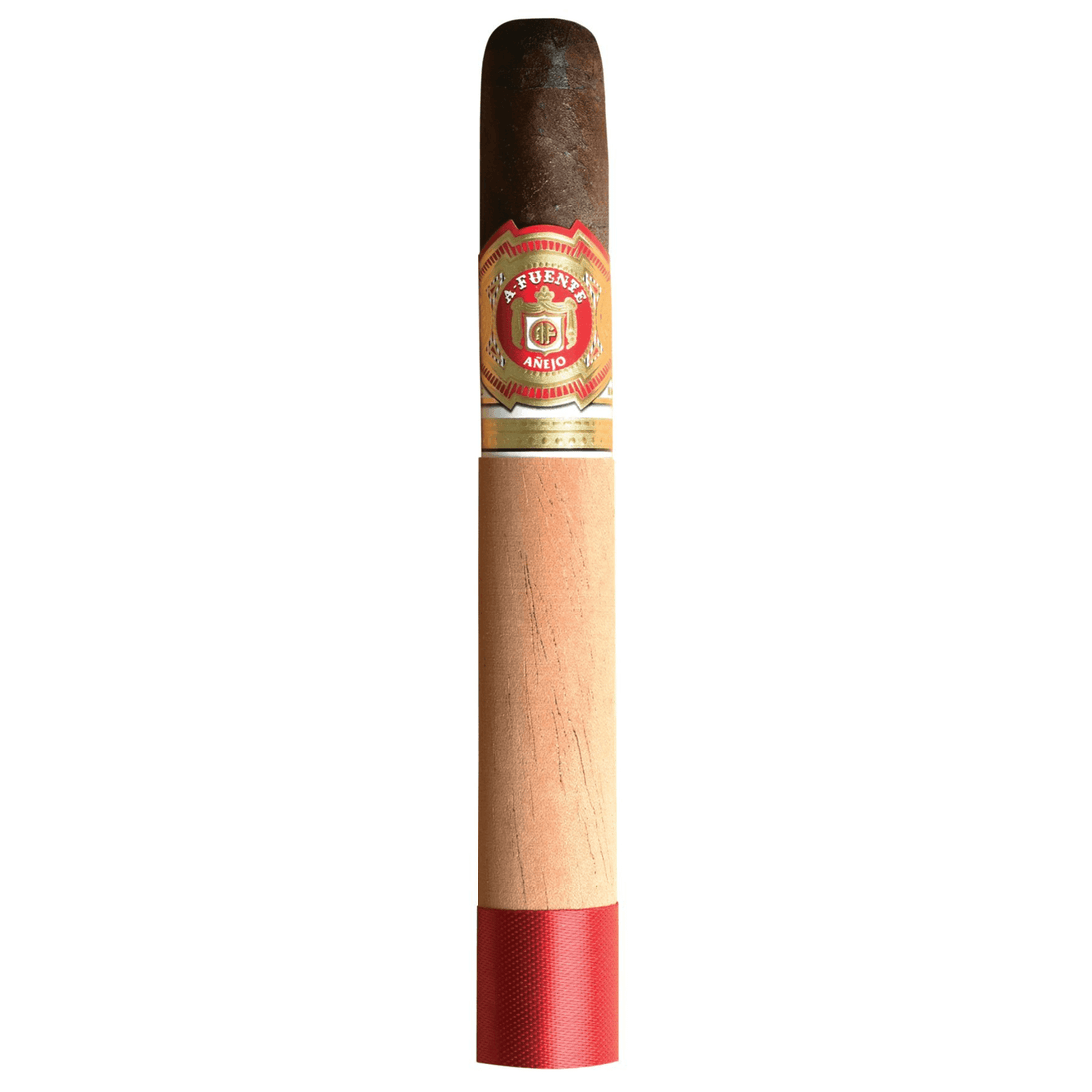 Arturo Fuente Anejo Reserva No. 46 cigar with a dark wrapper and vibrant red and gold band