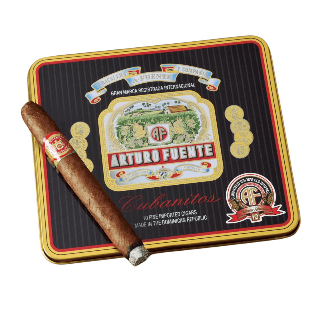 Arturo Fuente Cubanitos Maduro tin with single cigar, 10-count, medium strength, Dominican origin.