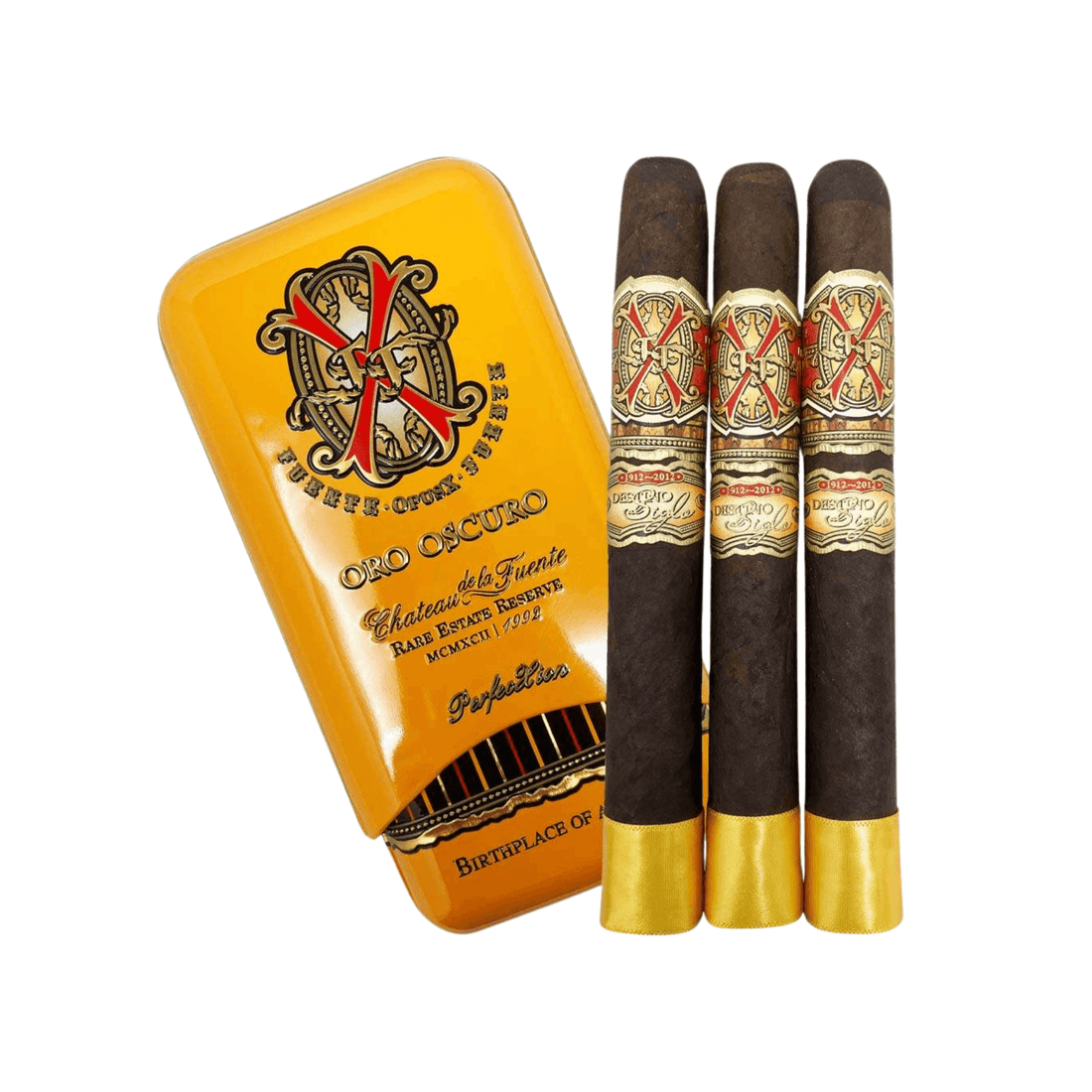 Arturo Fuente OpusX Oro Oscuro PerfecXion 3-Pack cigars with Dominican Sun Grown Maduro wrapper and bold flavor profile.