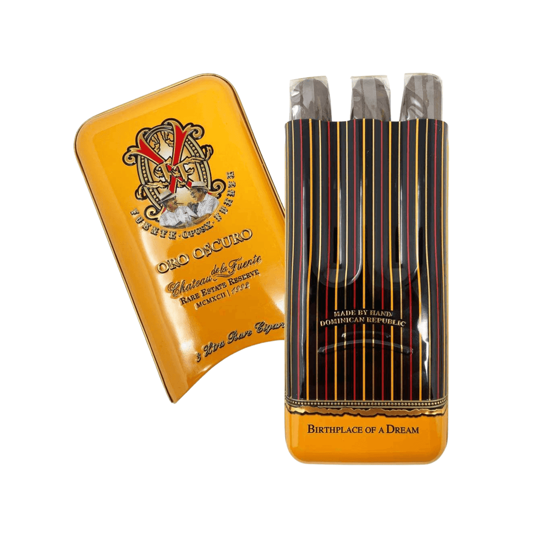 Arturo Fuente OpusX Oro Oscuro Reserva 3-pack tin with cigars from Dominican Republic, featuring luxury packaging.