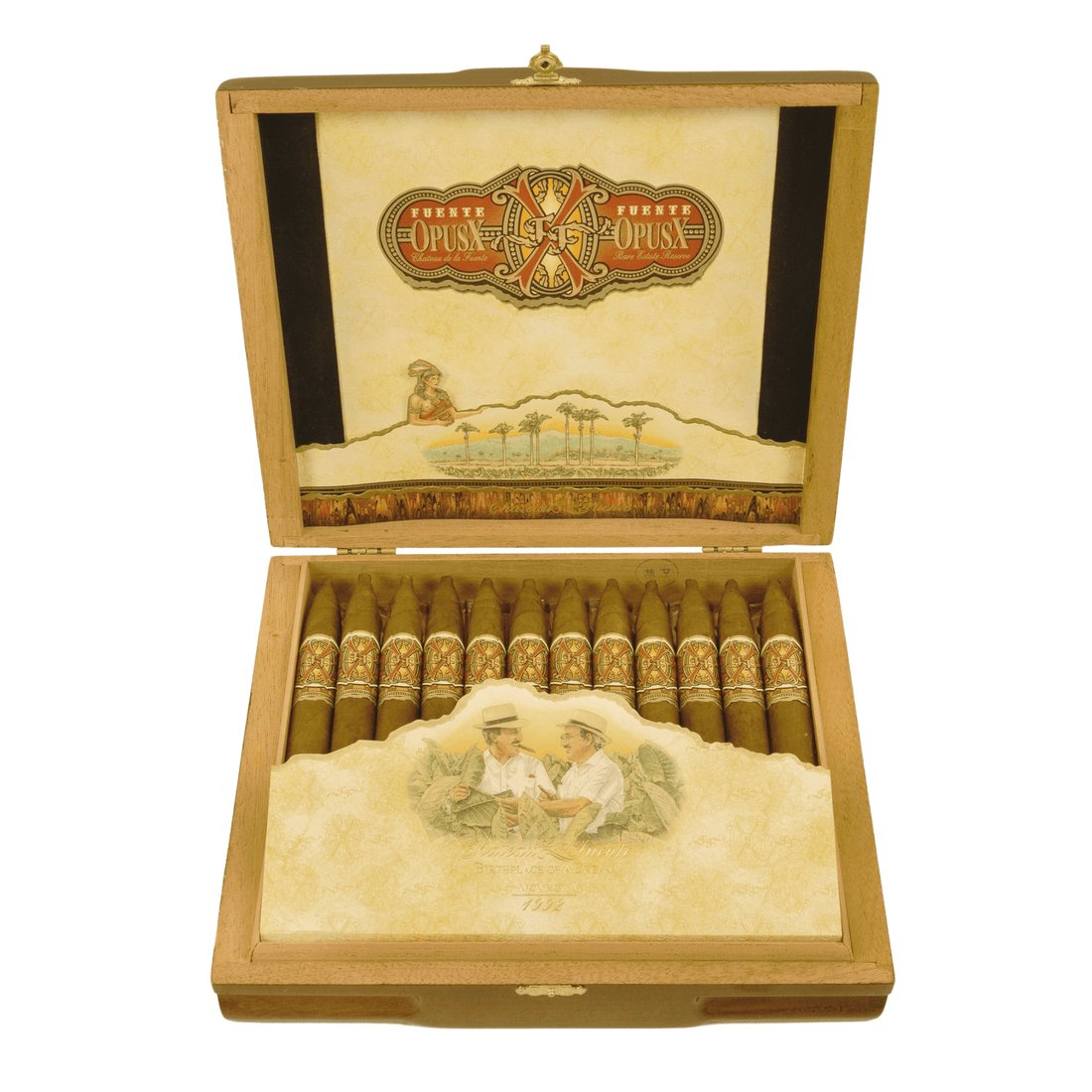 Open box of Arturo Fuente OpusX PerfecXion 888 cigars displaying 24 cigars with intricate bands, showcasing premium Dominican craftsmanship.