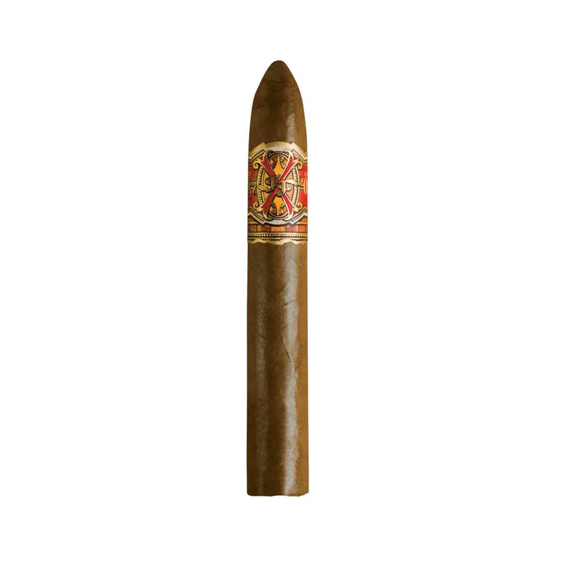 Arturo Fuente OpusX Super Belicoso cigar with Dominican Sun Grown Rosado wrapper, intense flavors, and full strength.