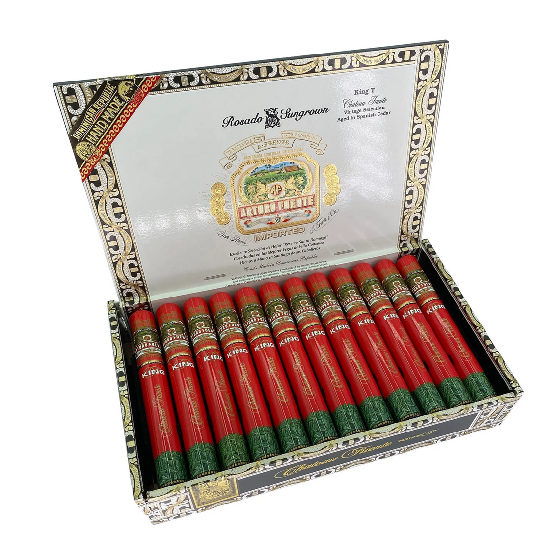 Arturo Fuente Rosado Sun Grown King T cigars in open box, 24-count, Dominican origin, medium to full strength, rich flavors.