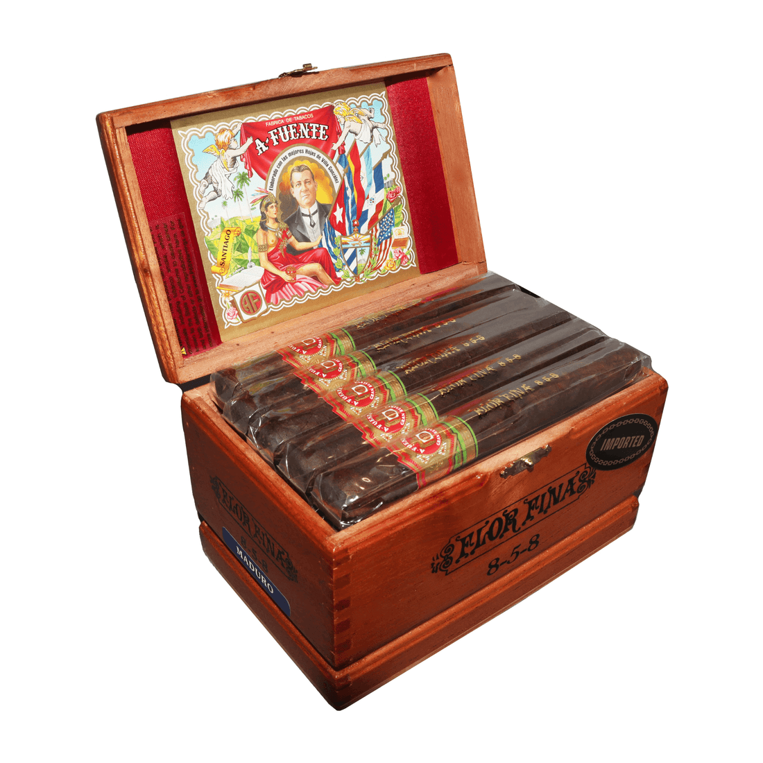 Open box of Arturo Fuente Flor Fina 8-5-8 Maduro cigars showcasing the red and gold banded cigars inside.