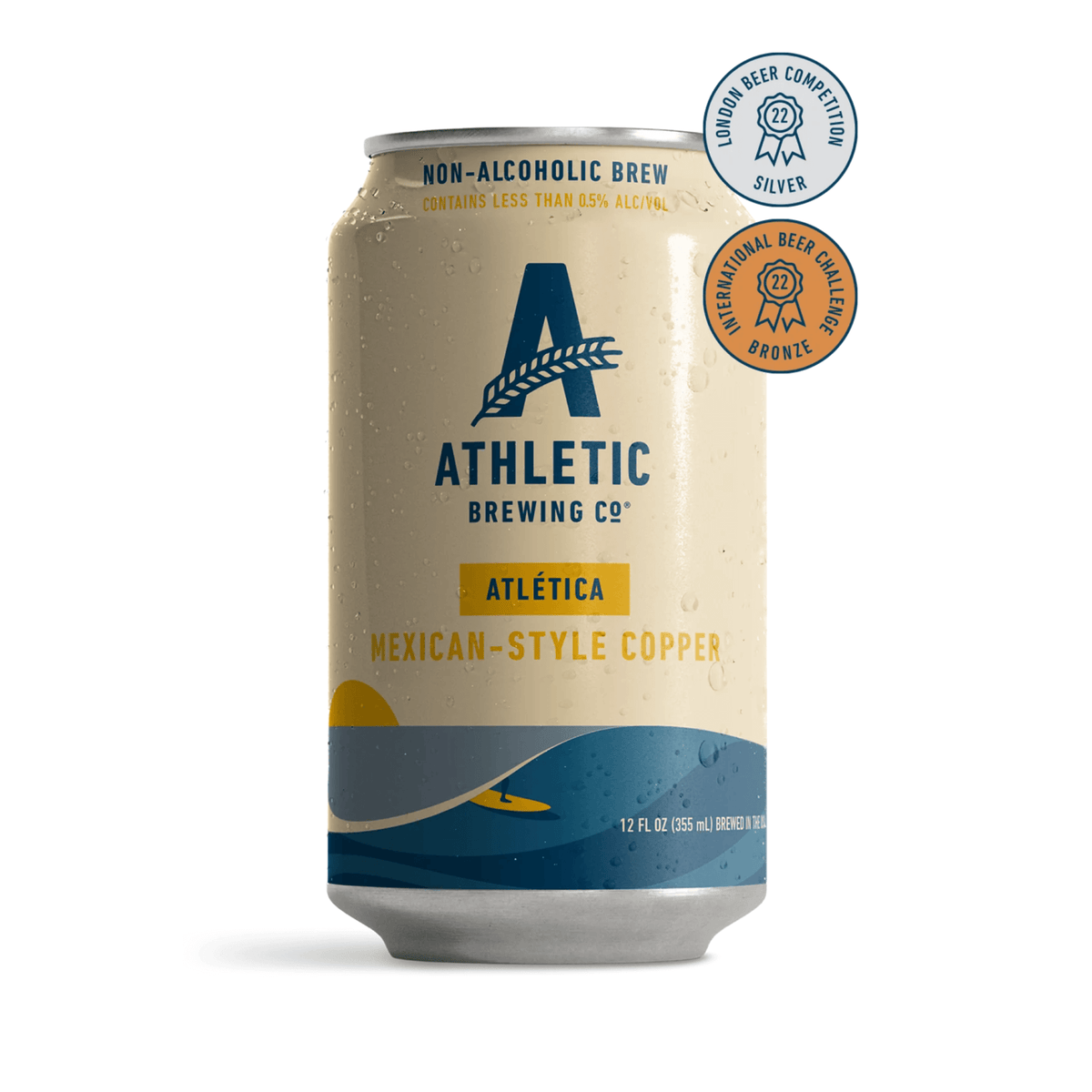 Athletic Brewing Co. Cerveza Atletica 12oz can, non-alcoholic Mexican-style copper ale, featuring award stickers.