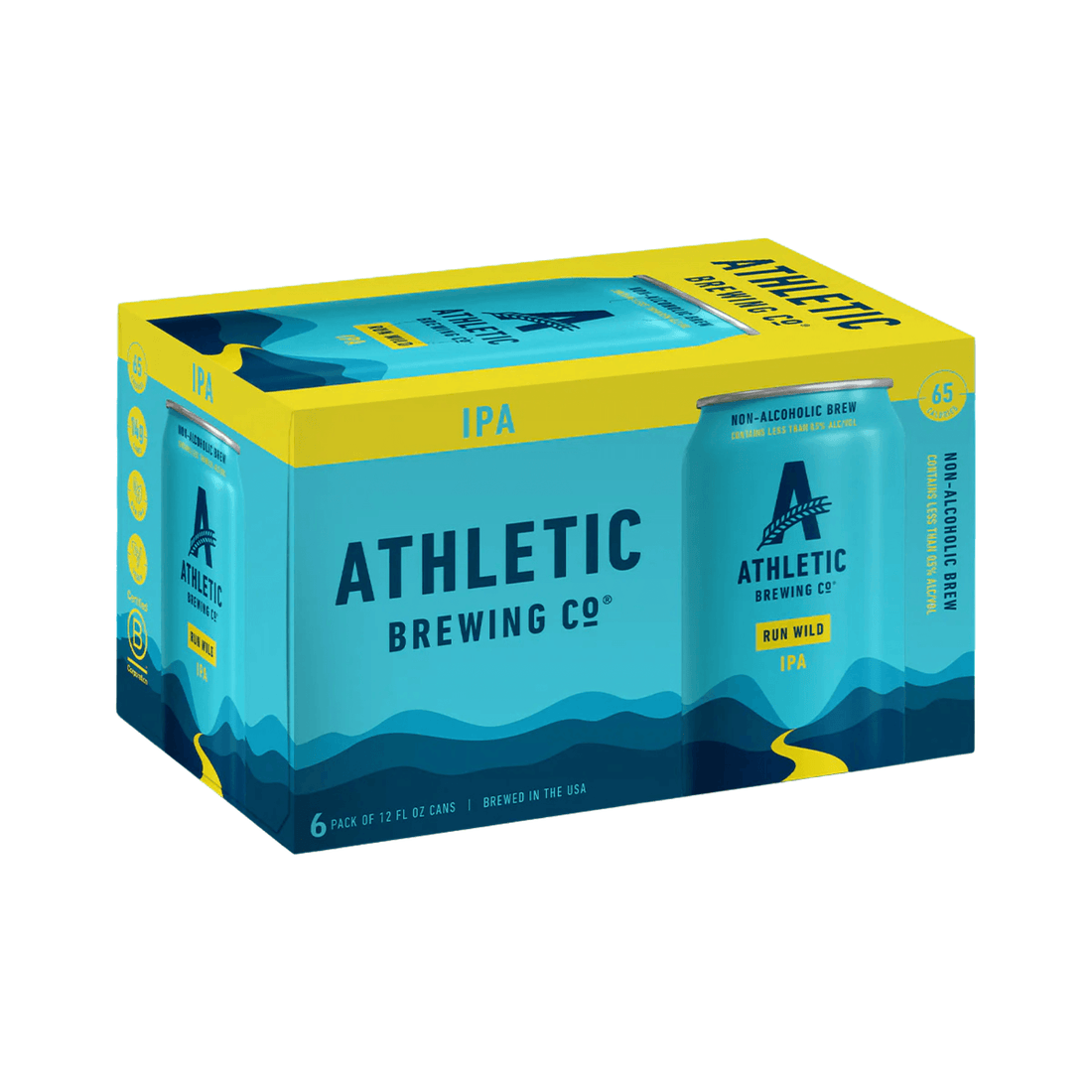 Athletic Brewing Company Run Wild Non-Alcoholic IPA 6-Pack featuring vibrant can design with citrus and pine flavor notes.